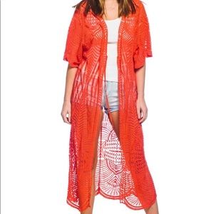Jen & Co. Lace Embroided Kimono - Coral